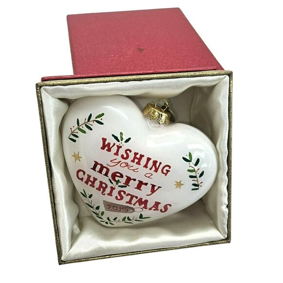 Merry Christmas 2015 Glass Heart Ornament By Pier 1 In Box JE310 - Picture 2 of 4